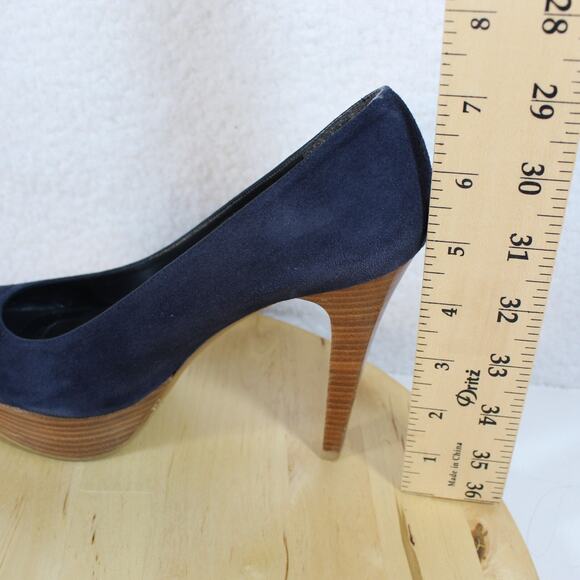 Stuart Weitzman Suede Pumps Womens Size 7 Blue Classic Heels Platform Wood - Picture 9 of 11